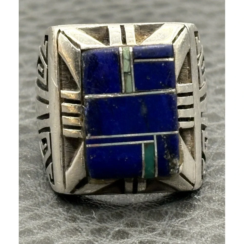 Vintage Sterling Silver Lapis Lazuli Malachite Inlay Heavy Chunky Ring Size 8.5